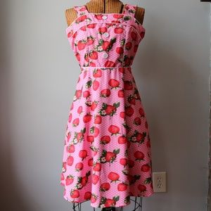 Pink Strawberry Print Pinup Retro Sleeveless Dress